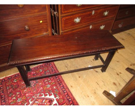 20th Century rectangular hardwood bench seat on square cut moulded supports with stretchers
