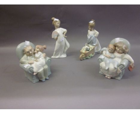 Four Nao figures, elderly man and woman in armchairs, girl with wheelbarrow and girl holding a fan