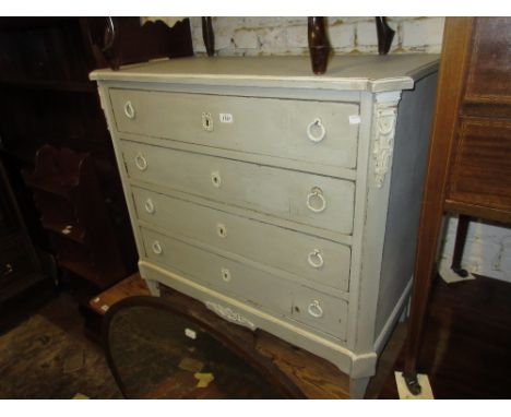 French grey painted commode chest of four drawers with circular ring handles, raised on square tapering feet