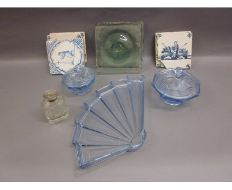 Five antique Delftware tiles (a/f), silver mounted cut glass perfume bottle (a/f), two bulls eye glass panels and a dressing 