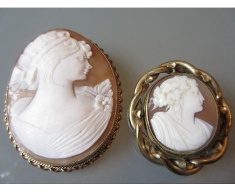 Oval carved shell cameo portrait brooch in a 9ct gold mount together with a 19th Century shell cameo portrait brooch in a gil