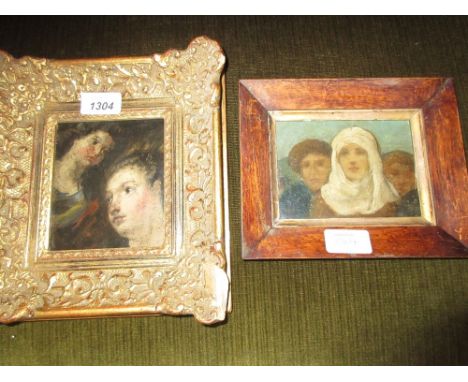 Two small framed oils, head studies of two young ladies and portrait of an Eastern lady with two figures in attendance