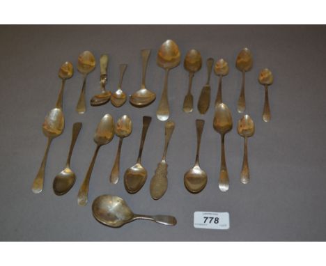 19th Century silver caddy spoon, silver and mother of pearl handled spoon, set of six silver coffee spoons and a quantity of 