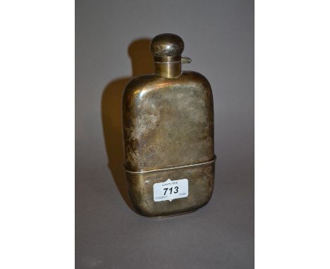 Large 20th Century Sheffield silver hip flask with integral beaker