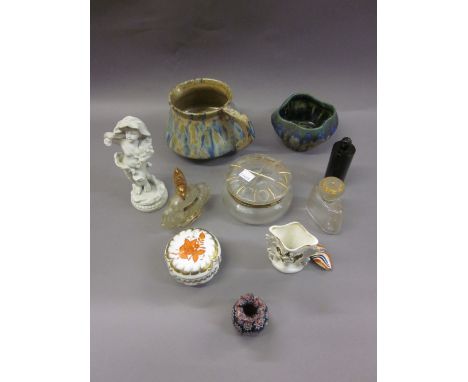 Small circular Herend pot and cover with floral and gilt decoration, various perfume bottles, two pottery jugs, bisque figure