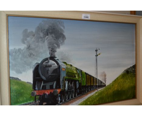 David Hey, oil on board, portrait of a railway steam locomotive, signed and dated, '75, 14.5ins x 23.5ins, framed