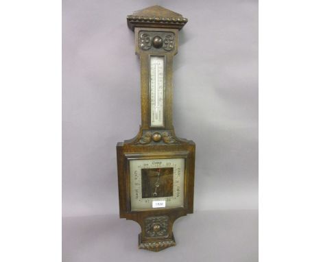 Early 20th Century carved oak aneroid barometer / thermometer