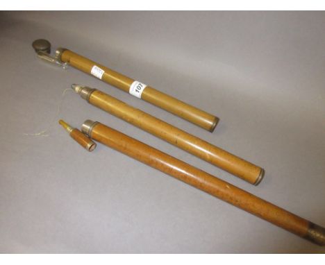 Bamboo sectional walking stick with concealed integral flask, drinking glass and cigar holder