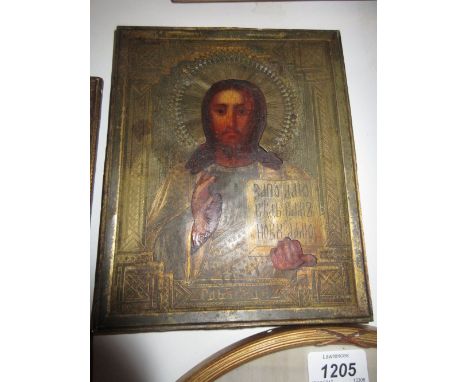 Russian school icon, portrait of Christ, housed within an engraved white metal oklad