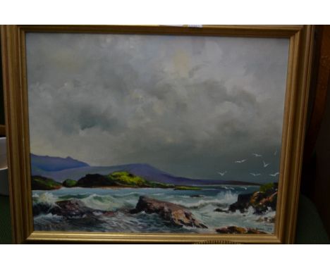 20th Century oil on board, coastal scene, signed Davis, together with an oval pair of sepia portrait engravings and a quantit