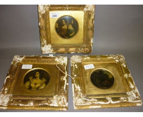Group of three 19th Century painted papier mache box lids, portrait of a lady, group of figures outside a cottage and two 19t