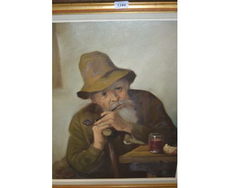20th Century continental oil on canvas, portrait of a seated bearded man smoking a pipe, indistinctly signed, gilt framed, 23