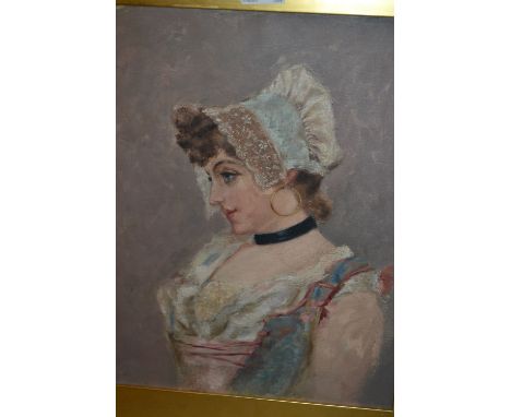 Oil on canvas, head and shoulder portrait of a young lady with lace bonnet, 16ins x 12ins