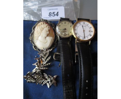 Carved shell cameo portrait brooch, a marcasite bracelet and two gentlemens wristwatches