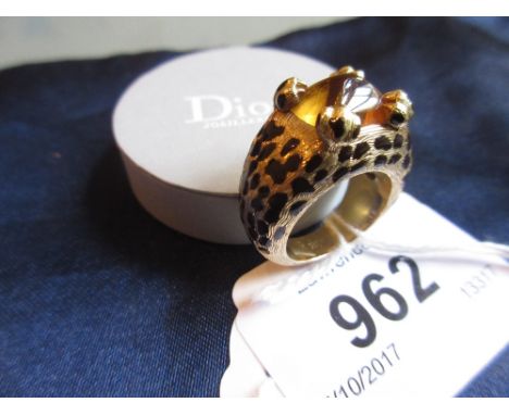 Dior Mitza, 18ct yellow gold black enamel decorated ring set citrine with leopards claw mount