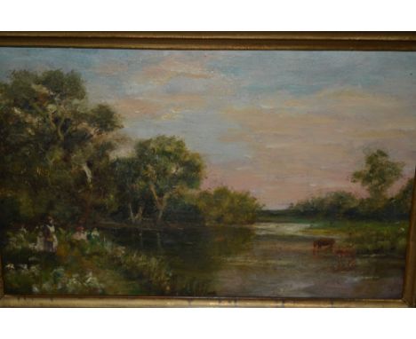 19th Century oil on millboard, children playing by a river with cattle watering nearby, 7ins x 10.5ins