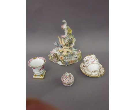 Pair of Royal Crown Derby cabinet cups and saucers, two Herend porcelain items and a cherub porcelain wall bracket (a/f)