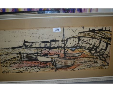 D. Nash, mixed media, beached fishing boats, together with a small oil on board, mountain landscape