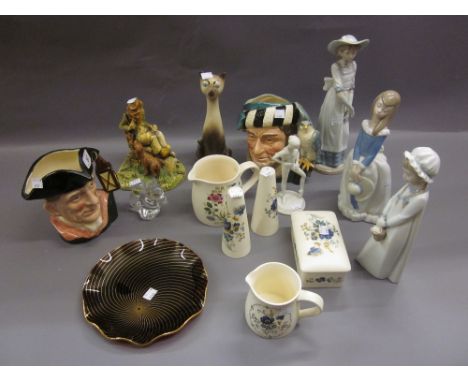 Three Nao figures, two Royal Doulton character jugs, Royal Ballet figure, various collectors plates and Poole Pottery etc.