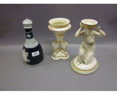 19th Century Worcester floral decorated trefoil vase (a/f), a Minton type bisque figural comport base (a/f) and a Copeland Sp