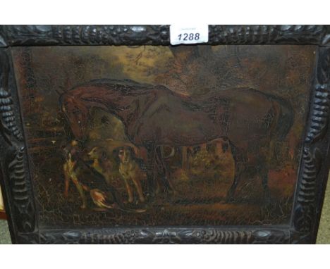 19th / 20th Century oil on board, naive study of a horse and hunting dogs in a landscape, in a carved oak frame, 9ins x 12ins