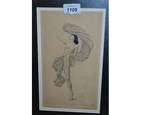 Early 20th Century etching of a dancing nude female, indistinctly signed and dated in pencil, 1915, 9.5ins x 5ins
