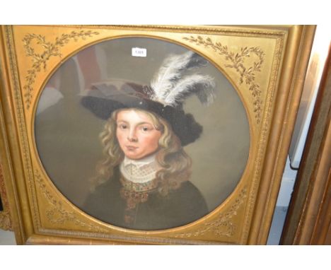 19th Century circular mounted pastel drawing, portrait of a young man in 17th Century costume, in a contemporary gilt frame