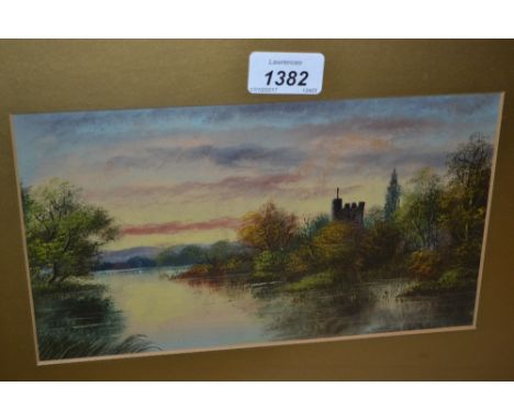 H.C. Hebler, pair of mixed media paintings, river scenes at sunset, gilt framed