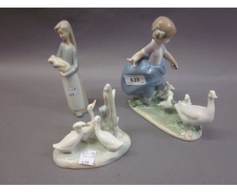 Lladro figure of a young girl with geese (a/f), a small Nao group of geese and a Lladro figure of a girl holding a piglet