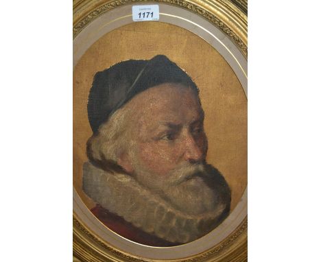 Antique oval gilt framed oil, head and shoulder portrait of a Florentine gentleman with white ruff collar