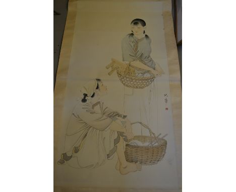 20th Century Chinese scroll picture of two girls carrying wicker baskets with two character signature mark above a red seal