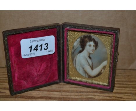 19th Century oval watercolour miniature portrait of a lady (possibly print base), housed in a leather Ambrotype frame