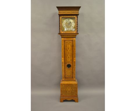 18th Century walnut seaweed marquetry and crossbanded longcase clock, the square hood with moulded cornice above a square pan