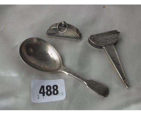 Victorian fiddle pattern bright cut caddy spoon, Lon 1875,  also another        
