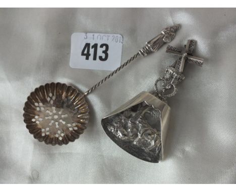 Apostle top sifter ladle, Lon 1898 by CB also a Dutch caddy spoon, also a Dutch white metal caddy spoon    
