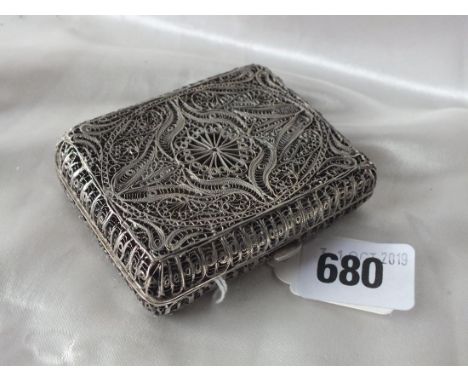 Cushion shaped filigree cigarette case, 3” high 70g.   