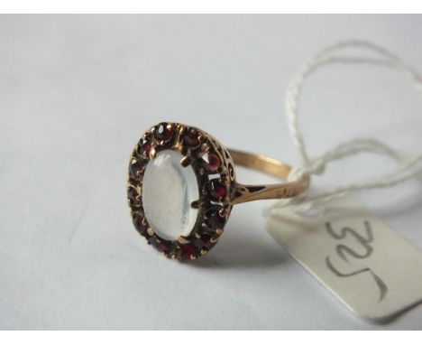 Oval Moonstone and Garnet bordered ring set in 9ct – size O  