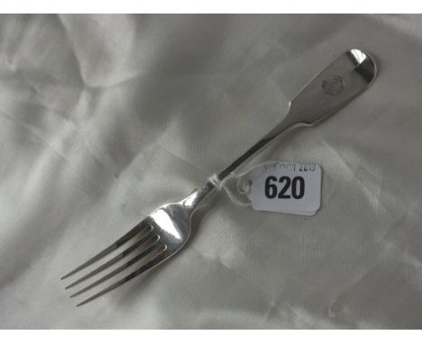 Exeter. Victorian fiddle pattern dessert fork, 1861 by JS 50g.  