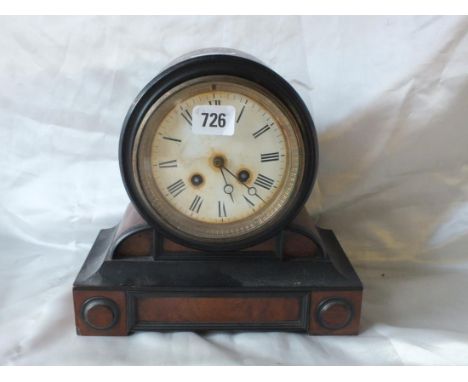 Early 19thC mahogany and ebonised drum mantle clock, white enamel dial with eight day movement, striking upon a bell, 9.5” hi