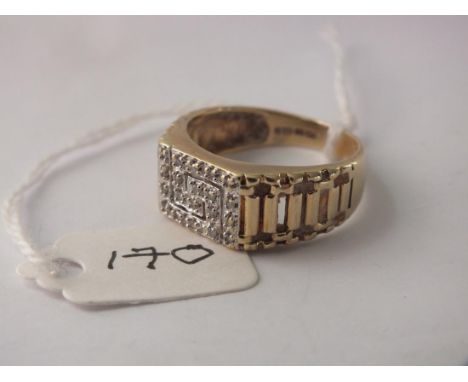 Gents 9ct and diamond set signet ring  with pierced shoulders approx size R 4.4g inc    