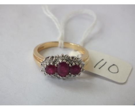 18ct gold three stone ruby &amp; diamond   cluster ring approx size N  5.2g inc     