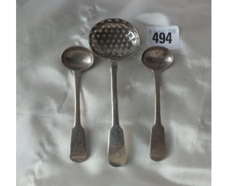 Exeter. Victorian fiddle pattern sifter ladle, 1854 by GW etc. 40g.         