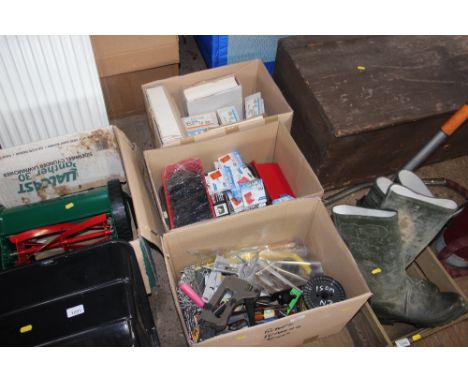 Three boxes of various tools; photo corners etc