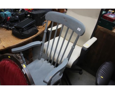 A grey painted stick back carver chair