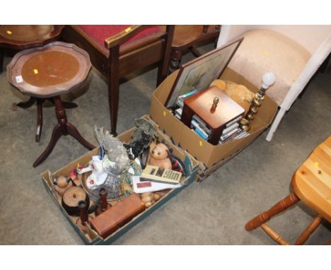 Two boxes of various sundry items to include vintage teddy bear; silver plated cockerels; oak candle sticks etc