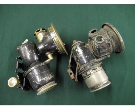 Joseph Lucas Aceta cycle lamp in black and brass finish (missing front glass) H15cm, and another similar lamp, H15cm (2) 