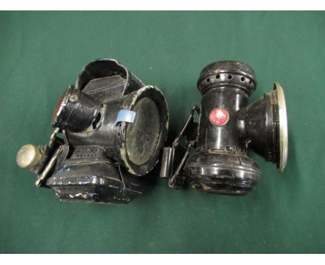 Joseph Lucas black metal cycle lamp H13cm, and another early cycle lamp (missing front glass), H13cm (2) 