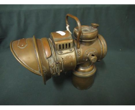 Powell &amp; Hanmer brass carbide cycle lamp with shade, H23cm 