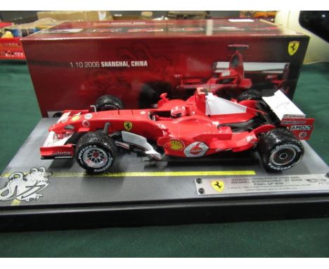 HotWheels 1:18 scale Michael Schumacher Ferrari racing car, celebrating his 91st and final Grand-Prix win, 01/10/2006 Shangha