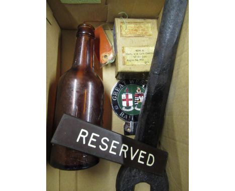 GWR spanner, a LMS railway bottle, quantity of Hunslet engine parts etc (one box) 